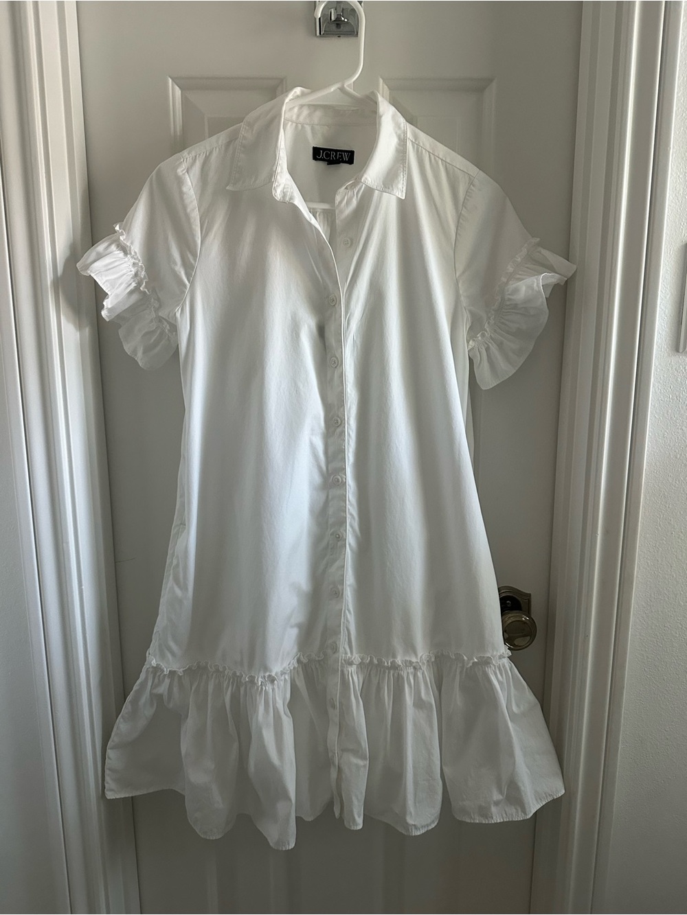 J.Crew White Ruffle Hem Button-Front Shirt Dress in cotton poplin XXS